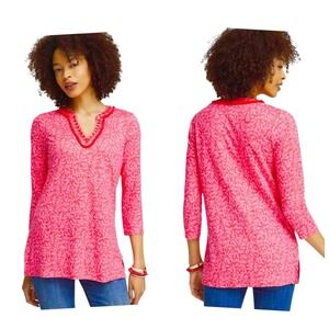 CHICO'S Size‎ 2 US L Linen Reef Embellished Tunic Beading 100% Linen 3/4 Sleeves